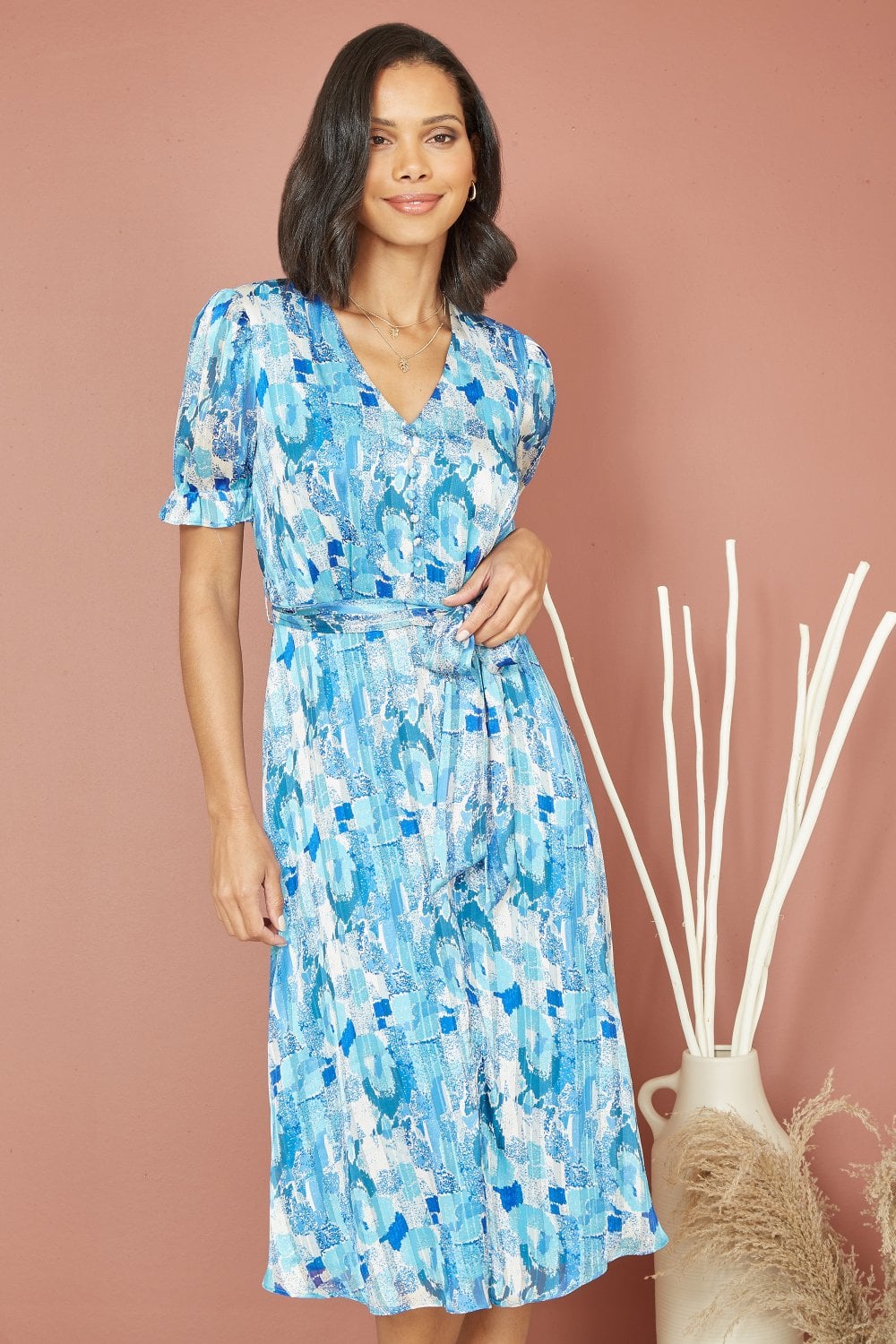 Mela Blue Abstract Print Tea Dress With Pleats And Front Split Mela