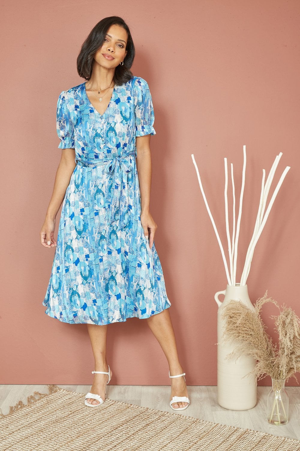 Mela Blue Abstract Print Tea Dress With Pleats And Front Split Mela