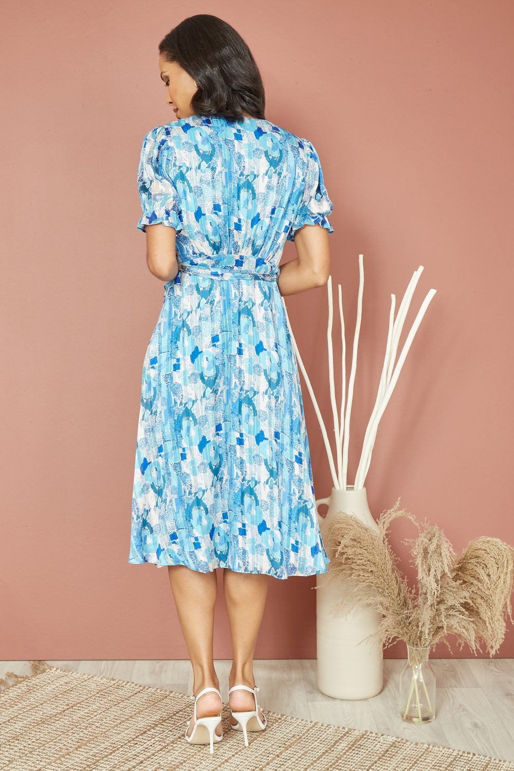 Mela Blue Abstract Print Tea Dress With Pleats And Front Split Mela