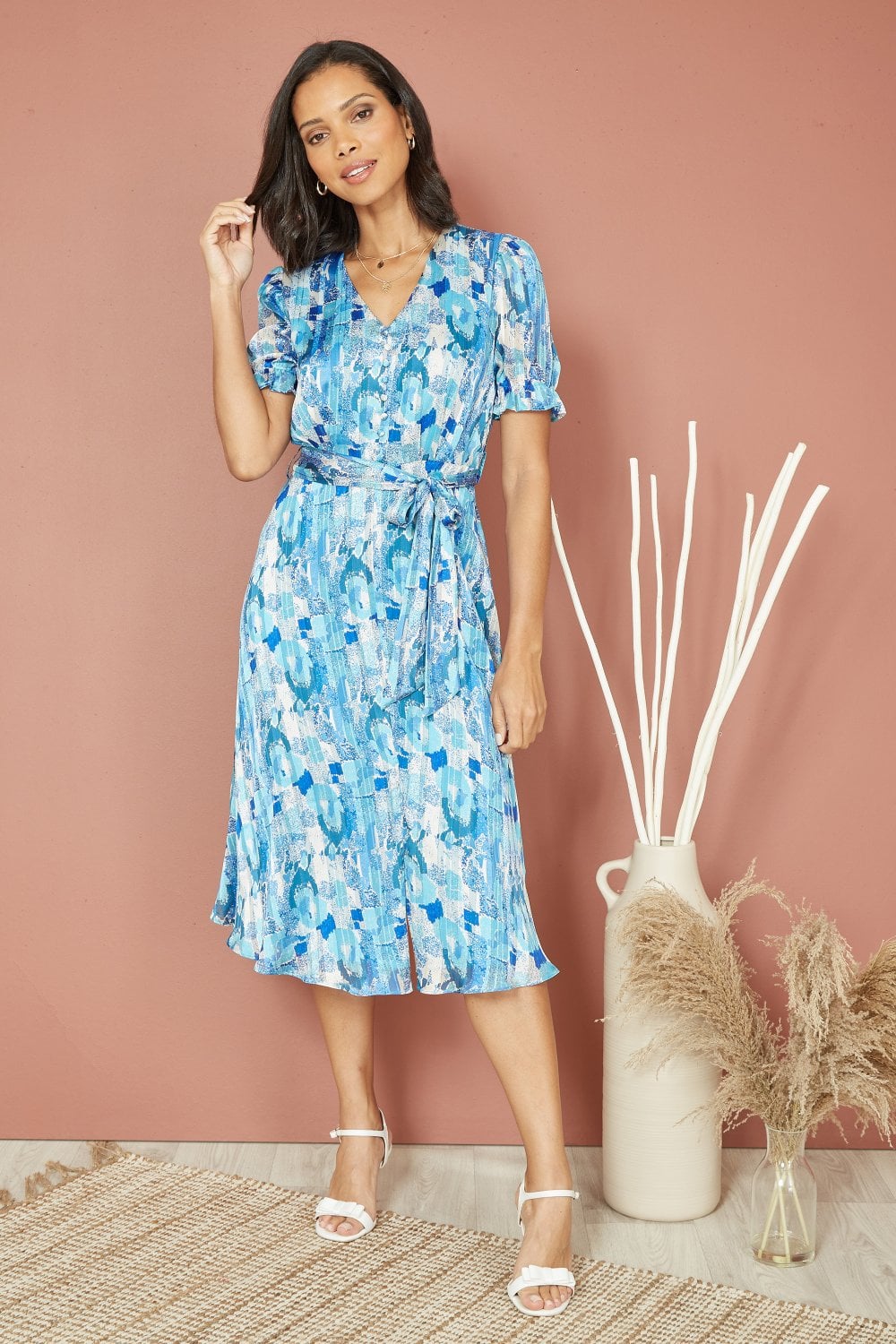 Mela Blue Abstract Print Tea Dress With Pleats And Front Split Mela