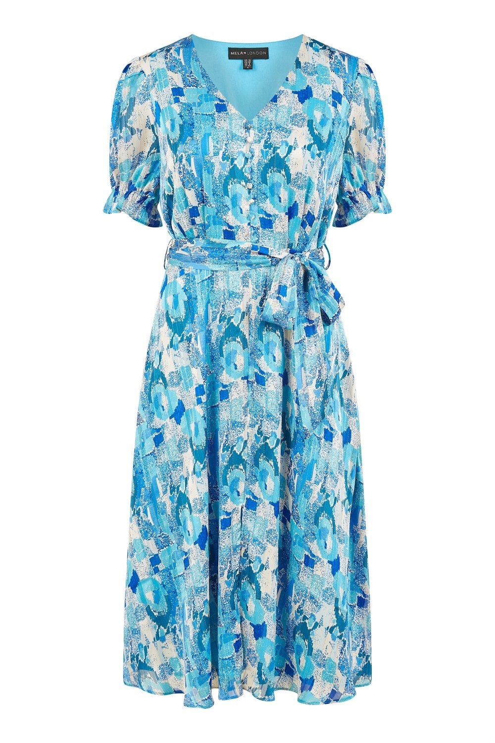 Mela Blue Abstract Print Tea Dress With Pleats And Front Split Mela