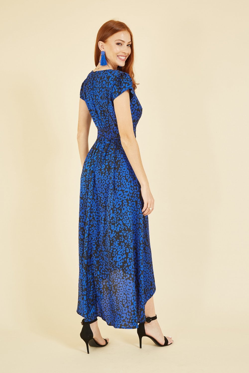 Mela Blue Animal Print Dip Hem Midi Wrap Dress Yumi