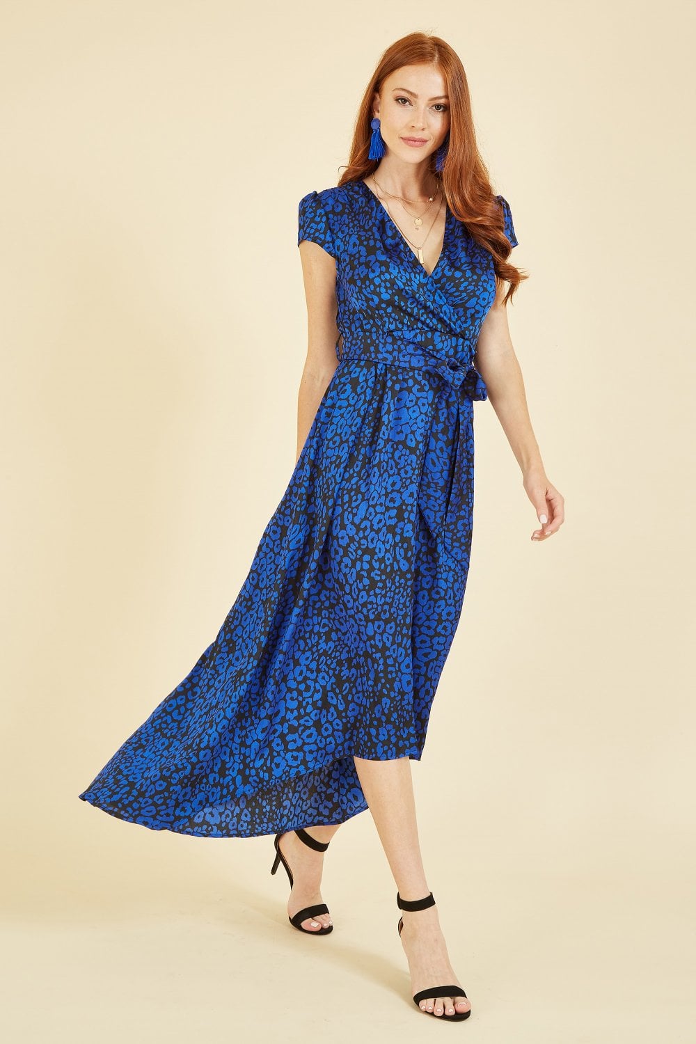 Mela Blue Animal Print Dip Hem Midi Wrap Dress Yumi