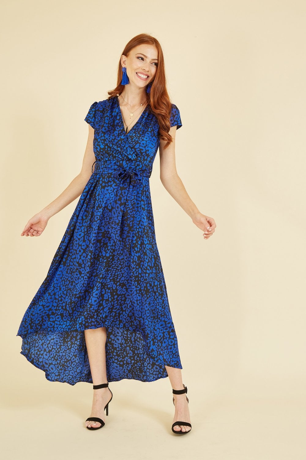 Mela Blue Animal Print Dip Hem Midi Wrap Dress Yumi