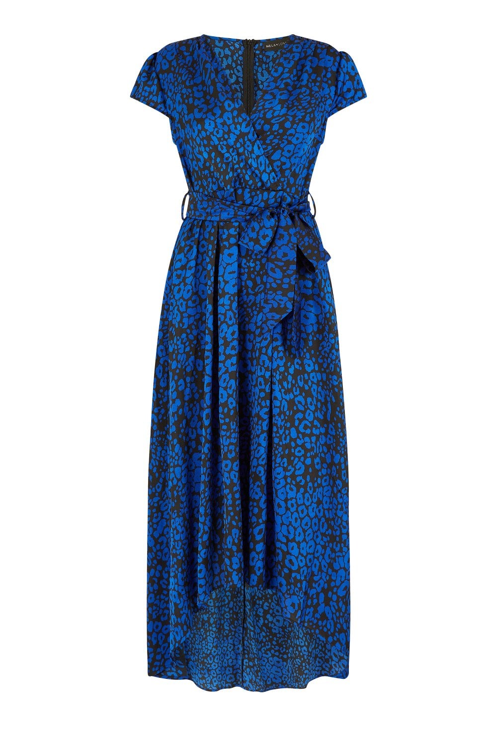 Mela Blue Animal Print Dip Hem Midi Wrap Dress Yumi