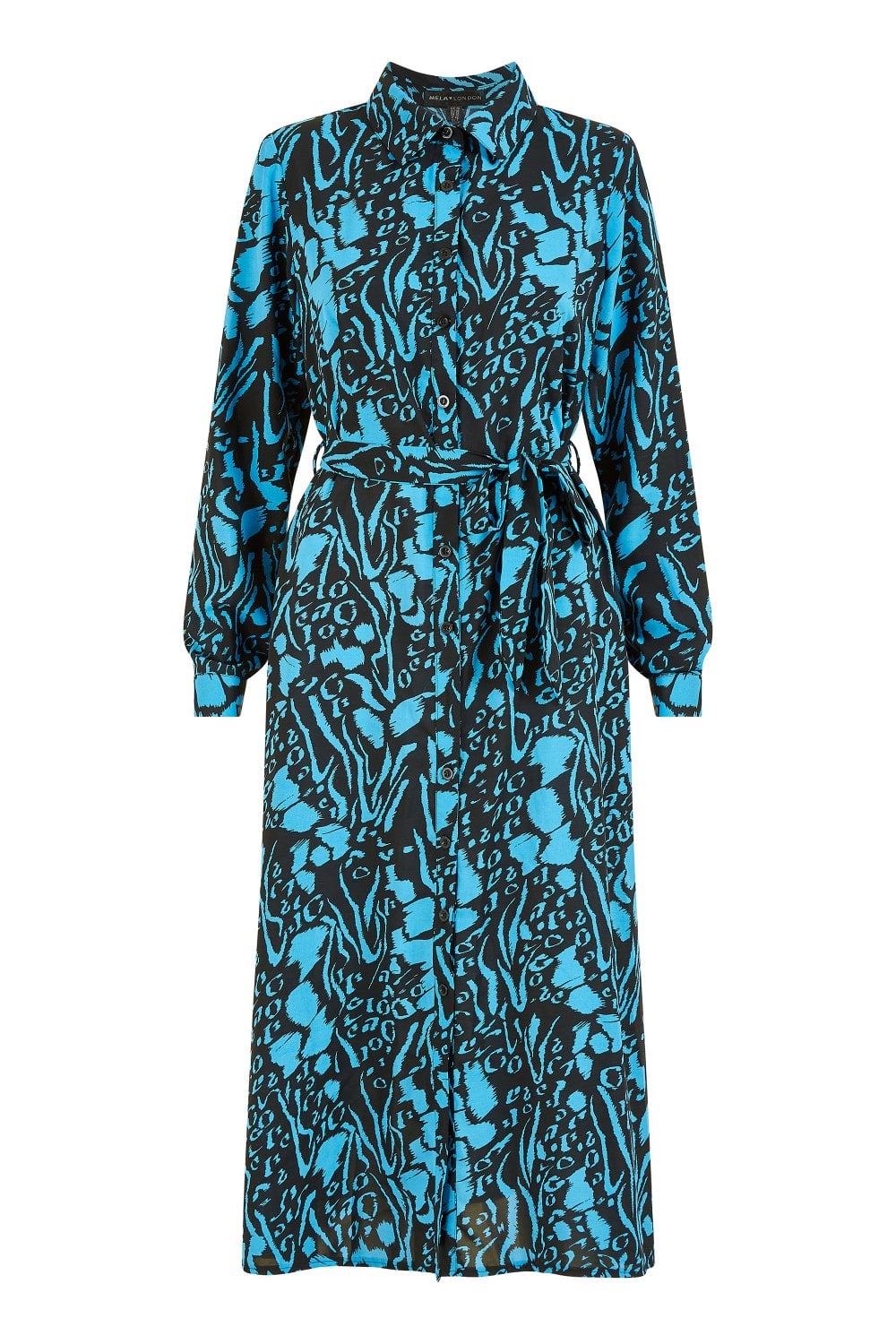 Mela Blue Animal Print Long Sleeve Shirt Dress Mela