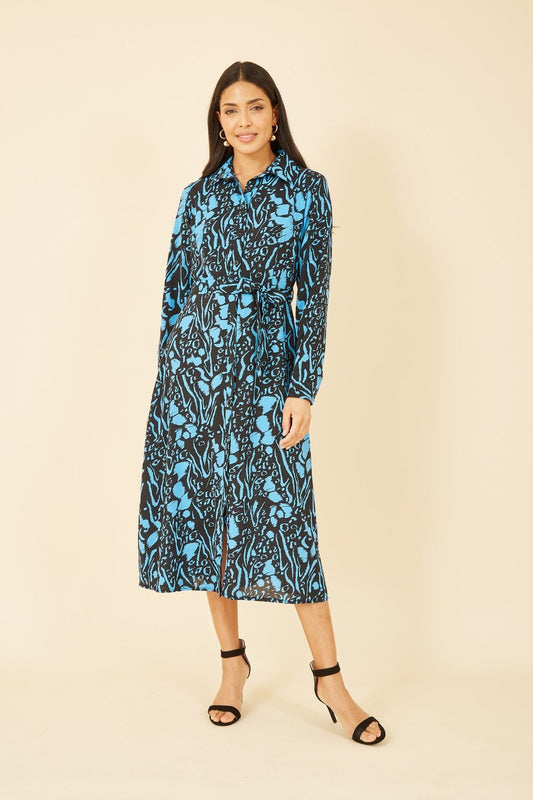 Mela Blue Animal Print Long Sleeve Shirt Dress Mela