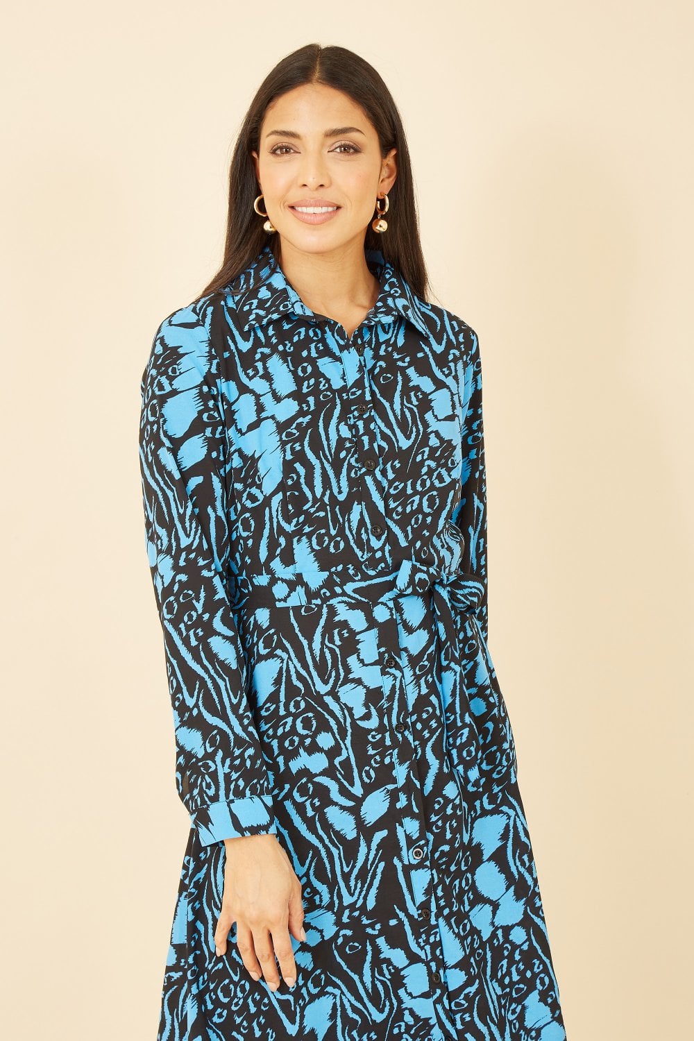 Mela Blue Animal Print Long Sleeve Shirt Dress Mela