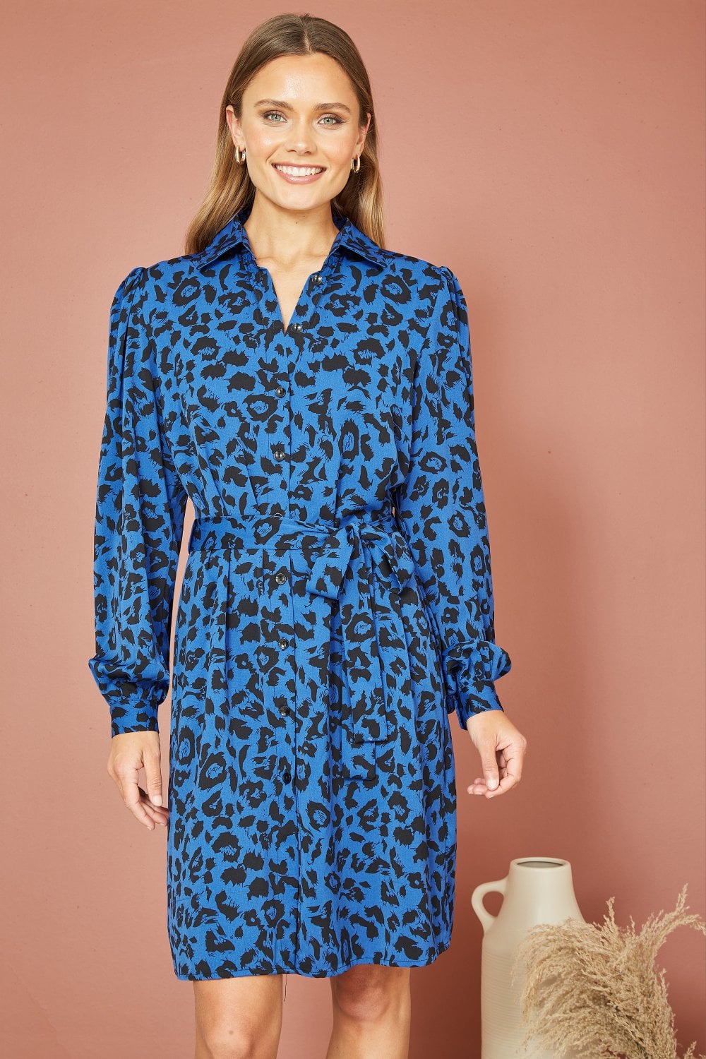 Mela Blue Animal Print Long Sleeve Shirt Dress Mela