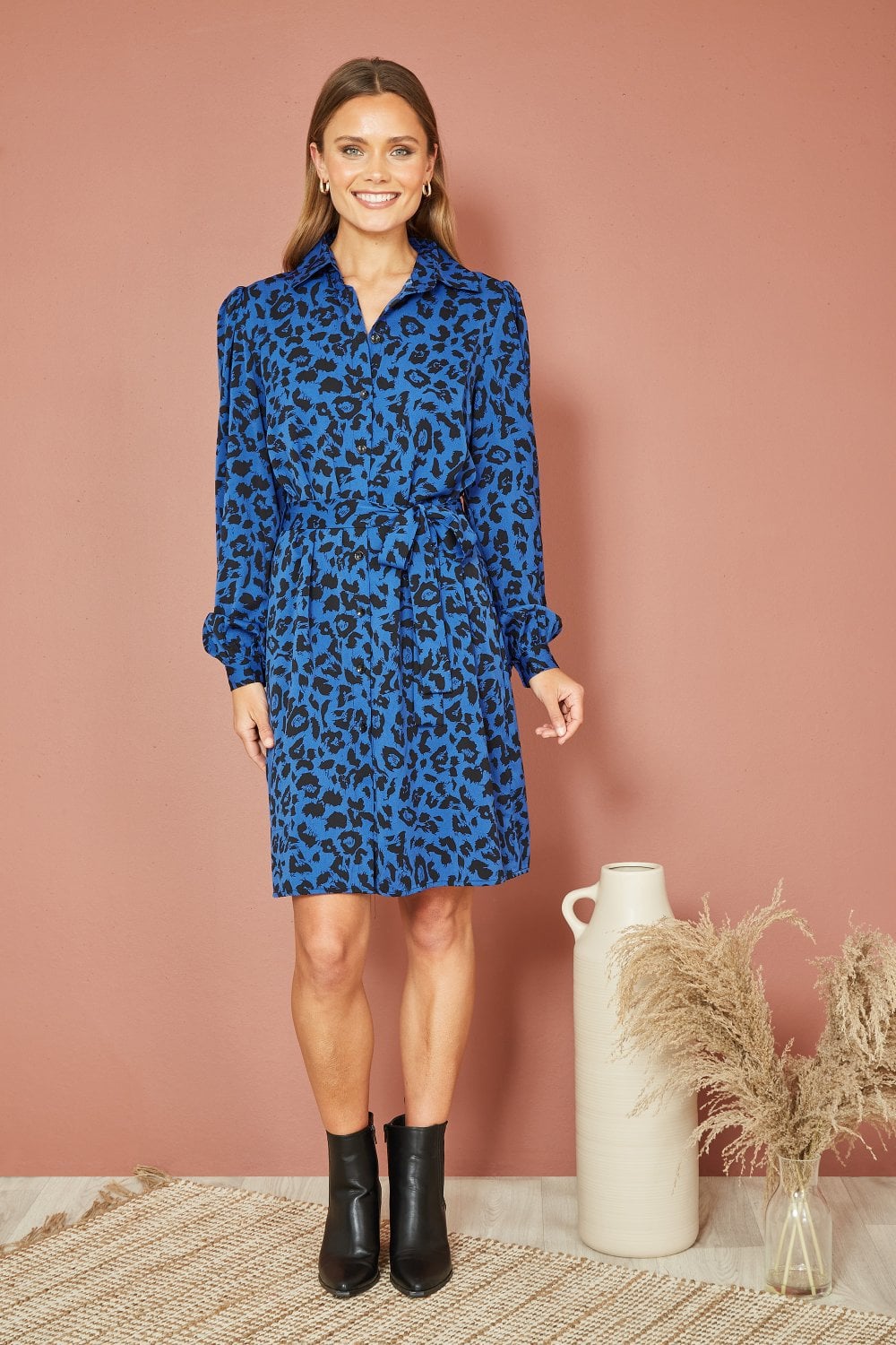 Mela Blue Animal Print Long Sleeve Shirt Dress Mela