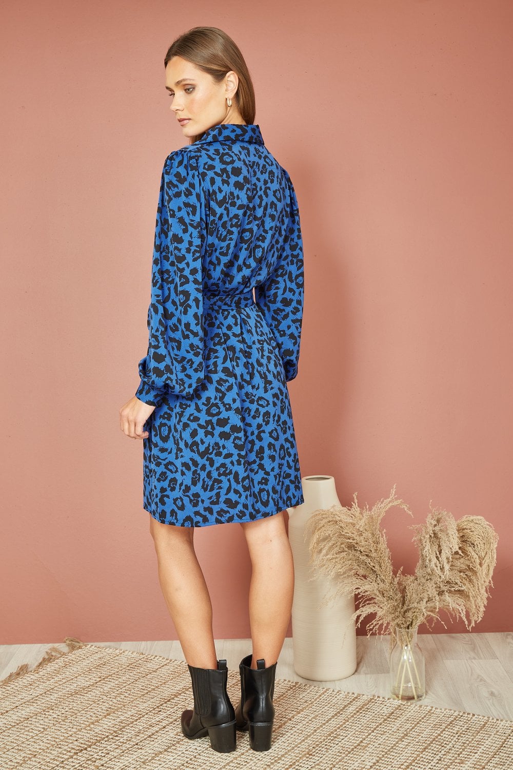 Mela Blue Animal Print Long Sleeve Shirt Dress Mela