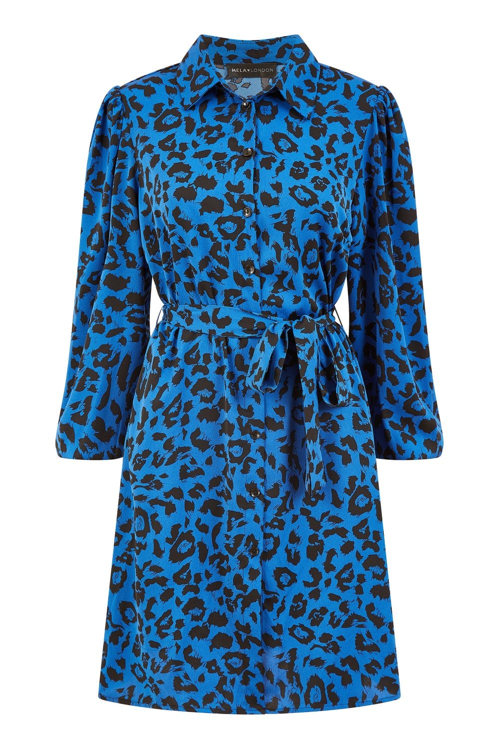 Mela Blue Animal Print Long Sleeve Shirt Dress Mela