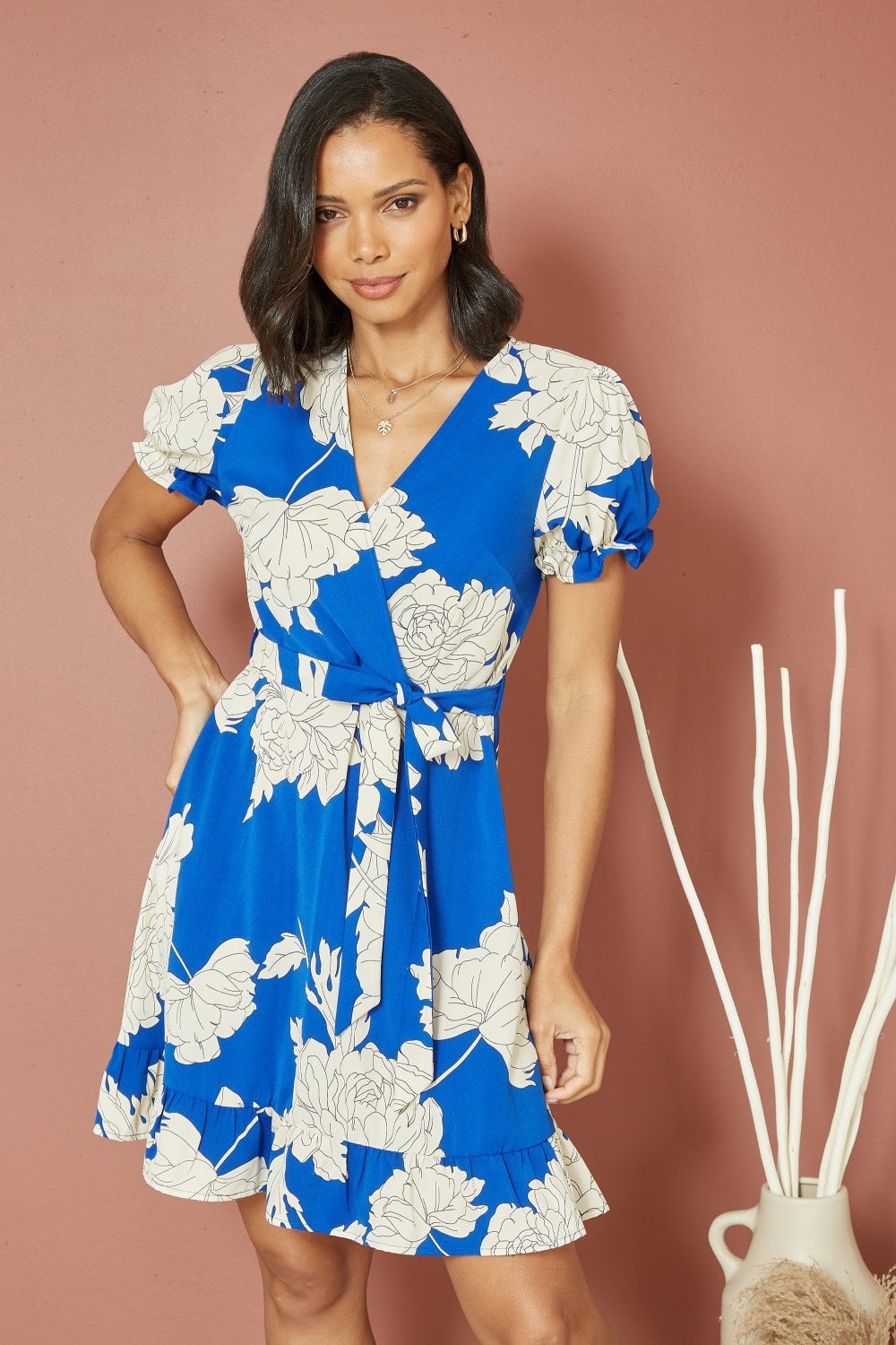 Mela Blue Blossom Print Wrap Dress With Puff Sleeves Yumi