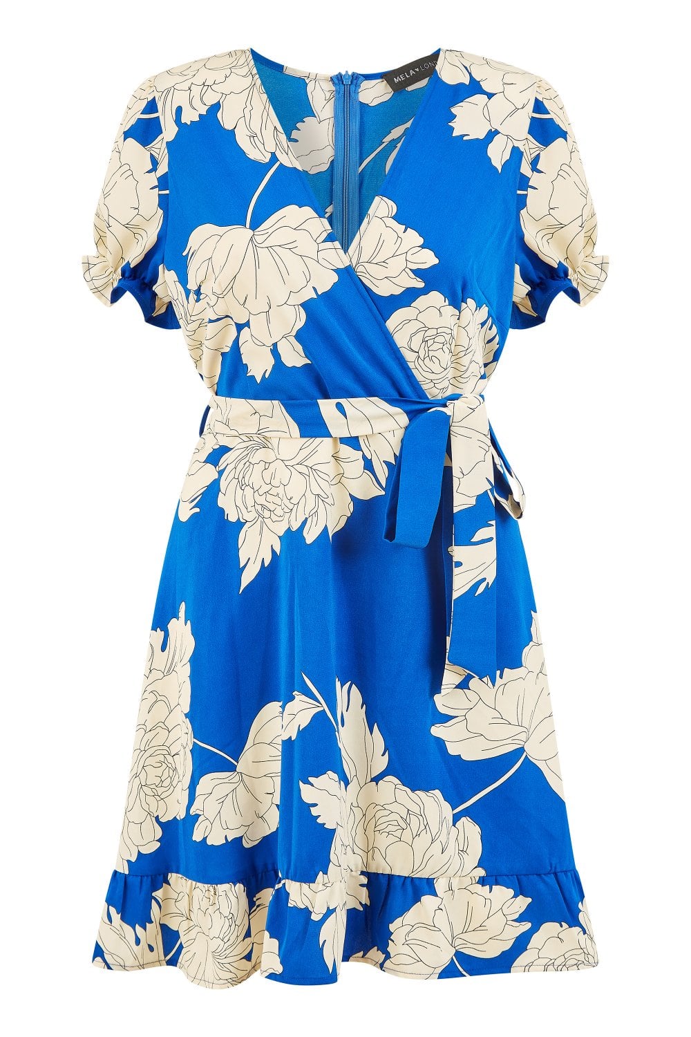 Mela Blue Blossom Print Wrap Dress With Puff Sleeves Yumi