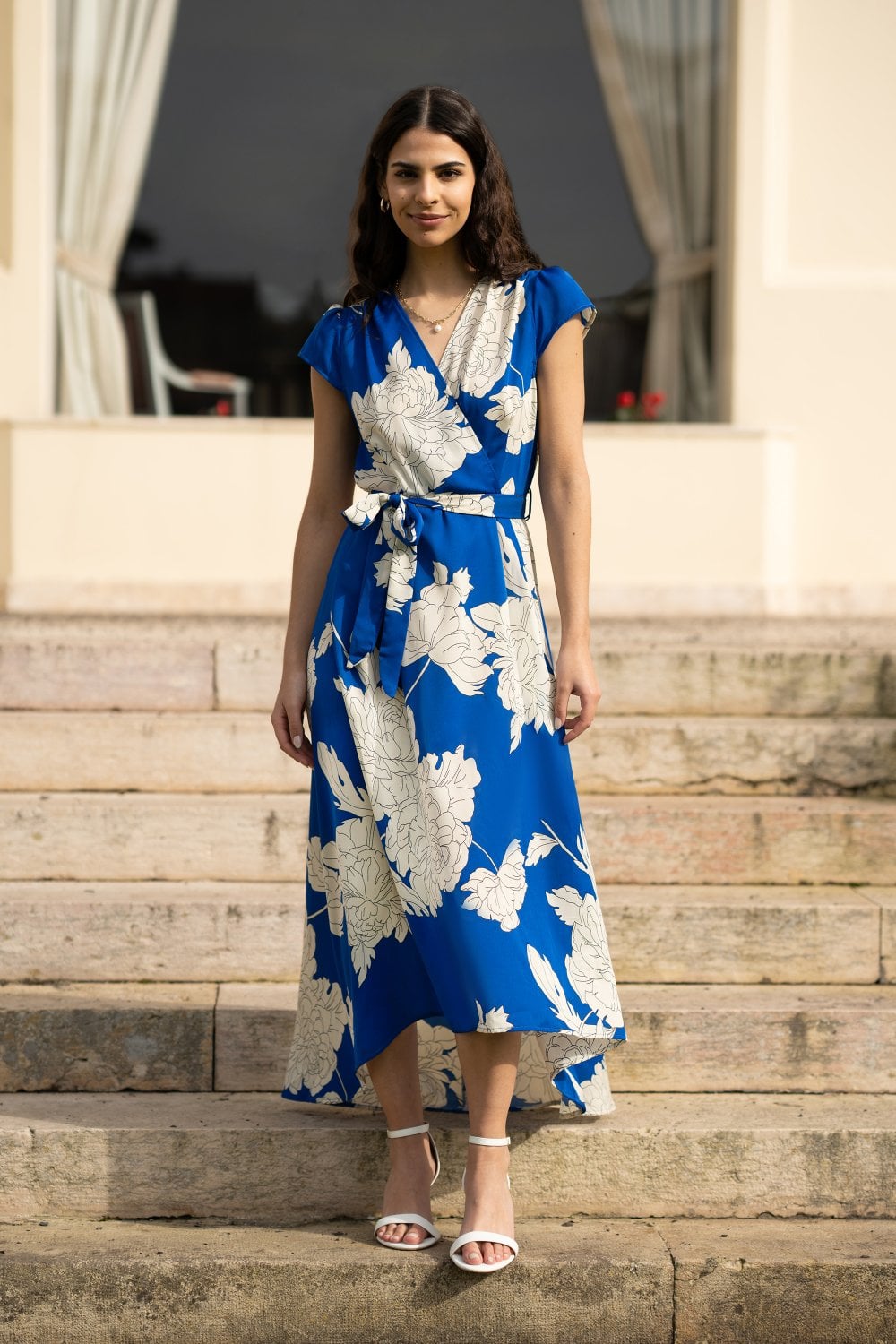 Mela Blue Blossom Print Wrap Midi With Dipped Hem Mela