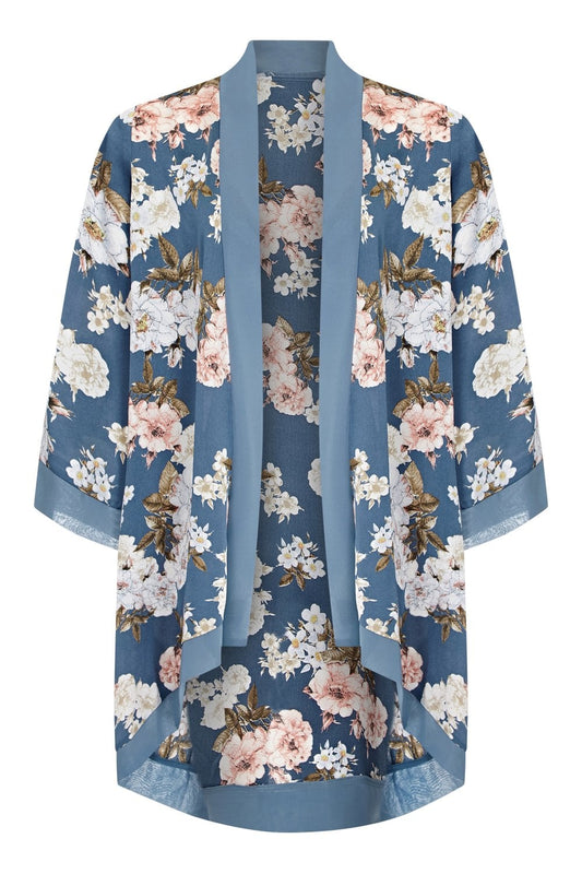 Mela Blue Curve Floral Print Satin Kimono Mela