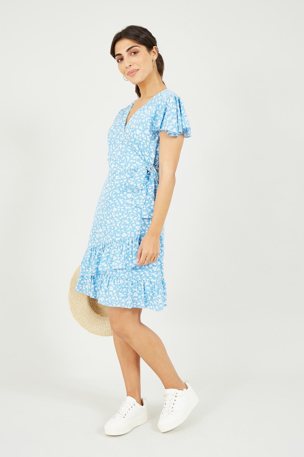 Mela Blue Ditsy Daisy Wrap Effect Frill Dress Mela