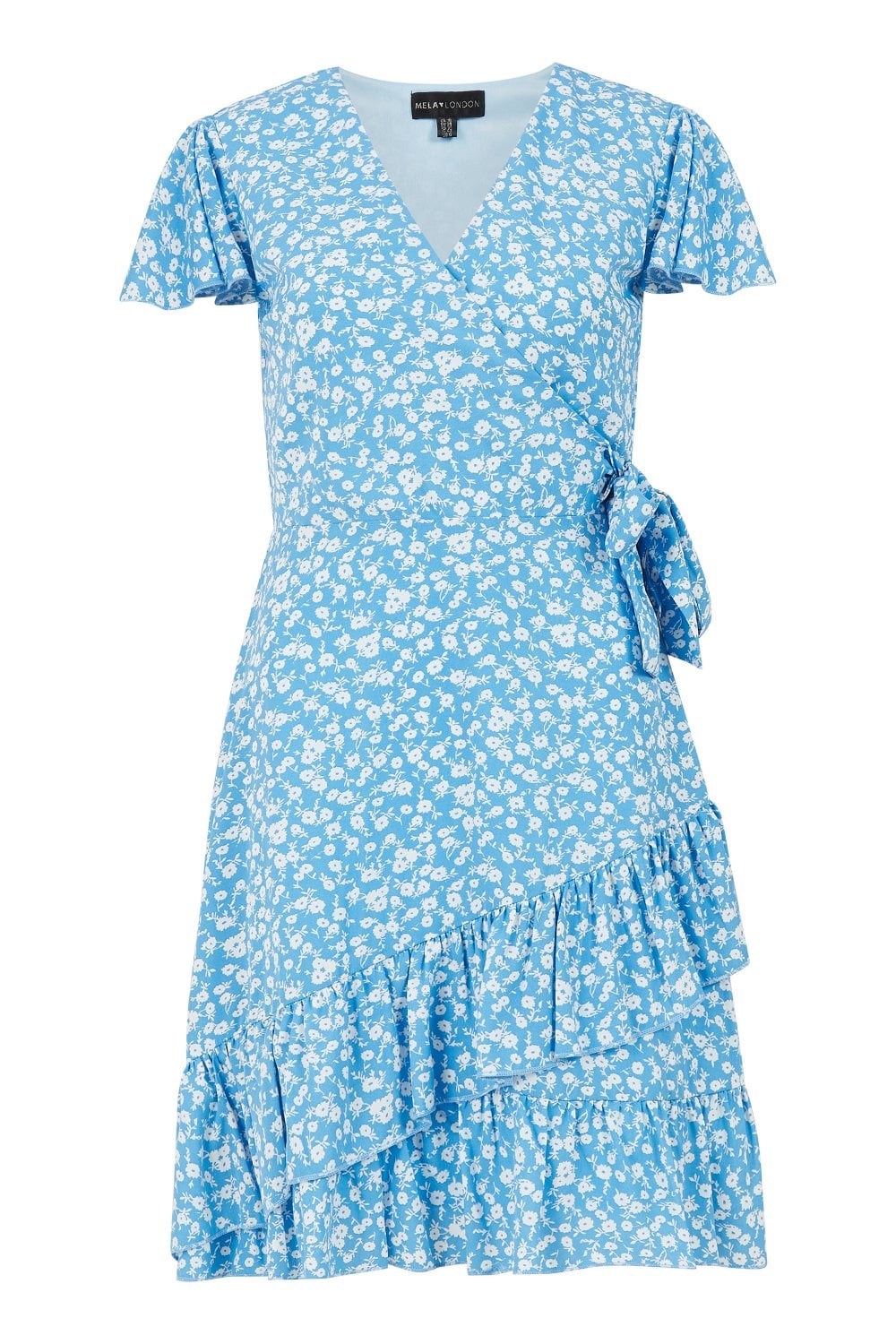 Mela Blue Ditsy Daisy Wrap Effect Frill Dress Mela