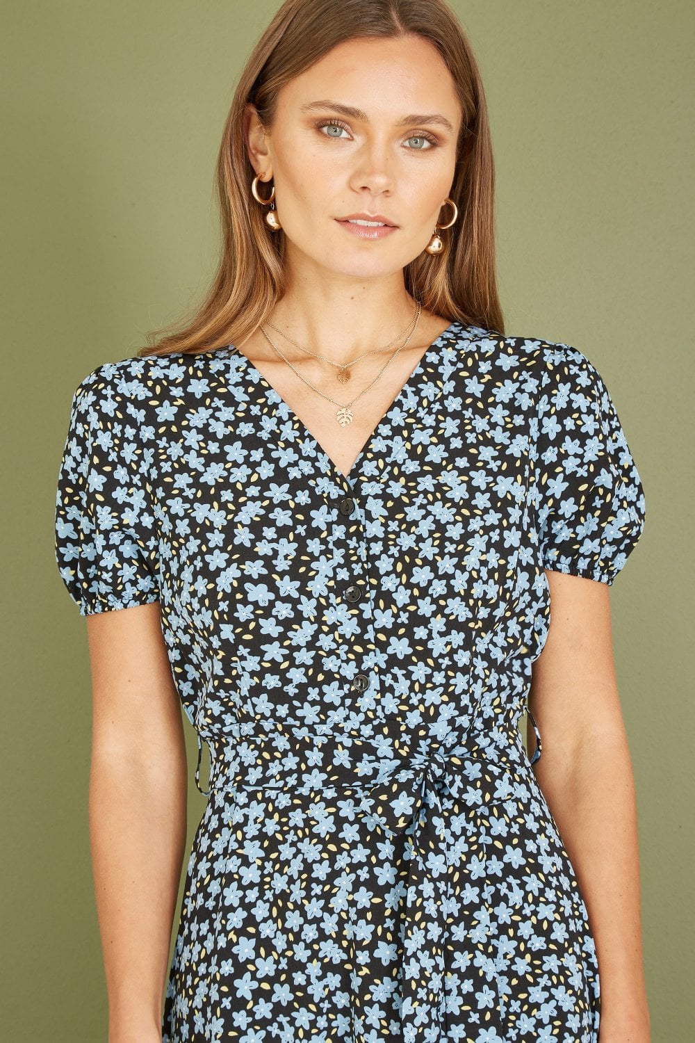 Mela Blue Ditsy Floral Print Midi Shirt Dress Mela