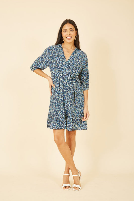 Mela Blue Ditsy Floral Wrap Skater Dress Yumi