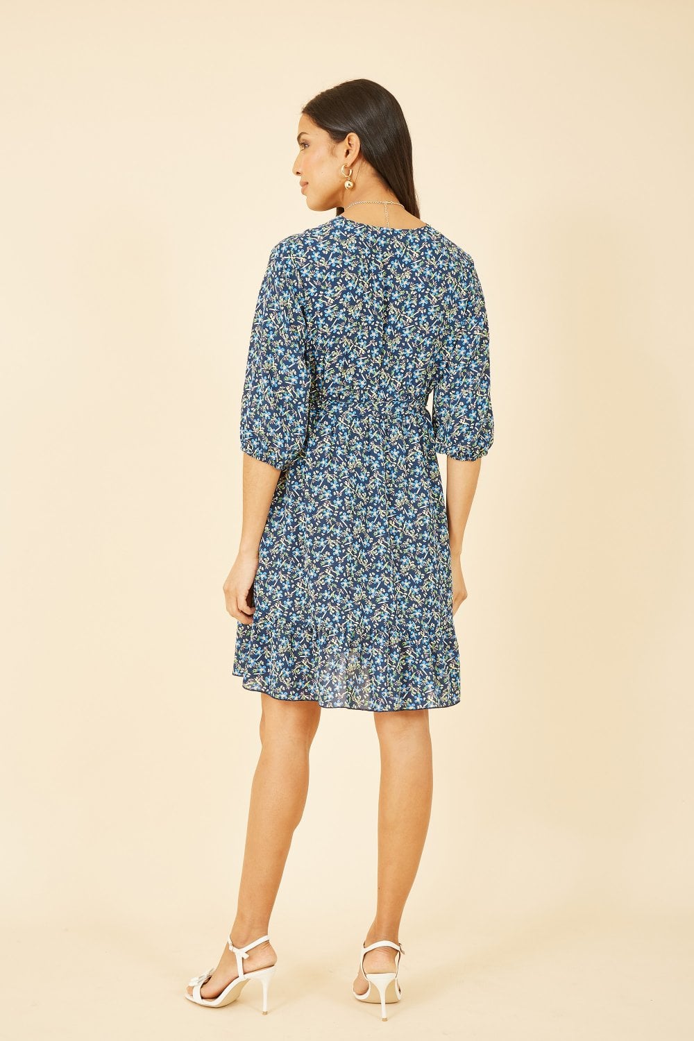 Mela Blue Ditsy Floral Wrap Skater Dress Yumi