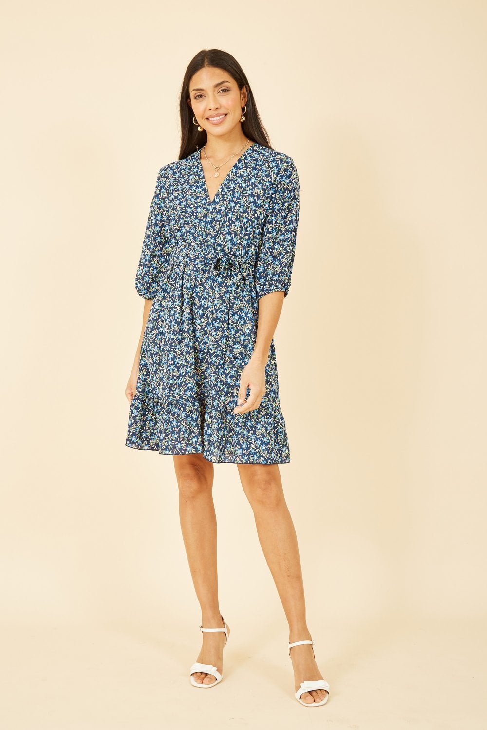 Mela Blue Ditsy Floral Wrap Skater Dress Yumi