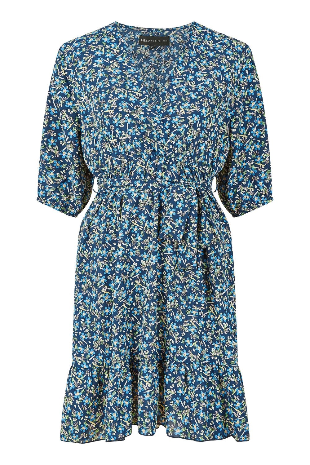 Mela Blue Ditsy Floral Wrap Skater Dress Yumi