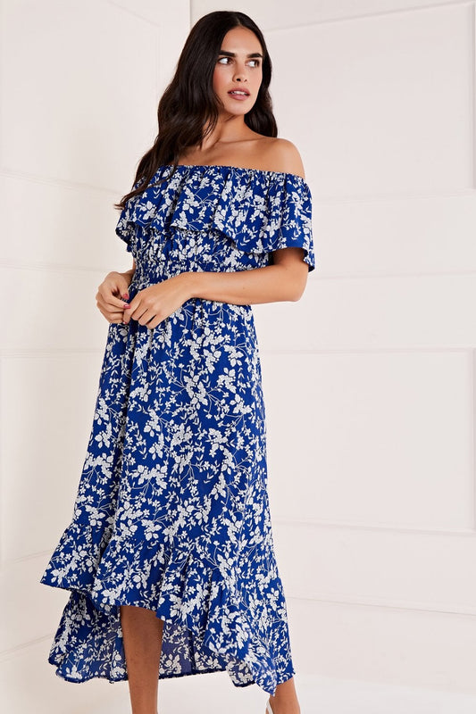 Mela Blue Ditsy Print Bardot Dipped Hem Dress Mela