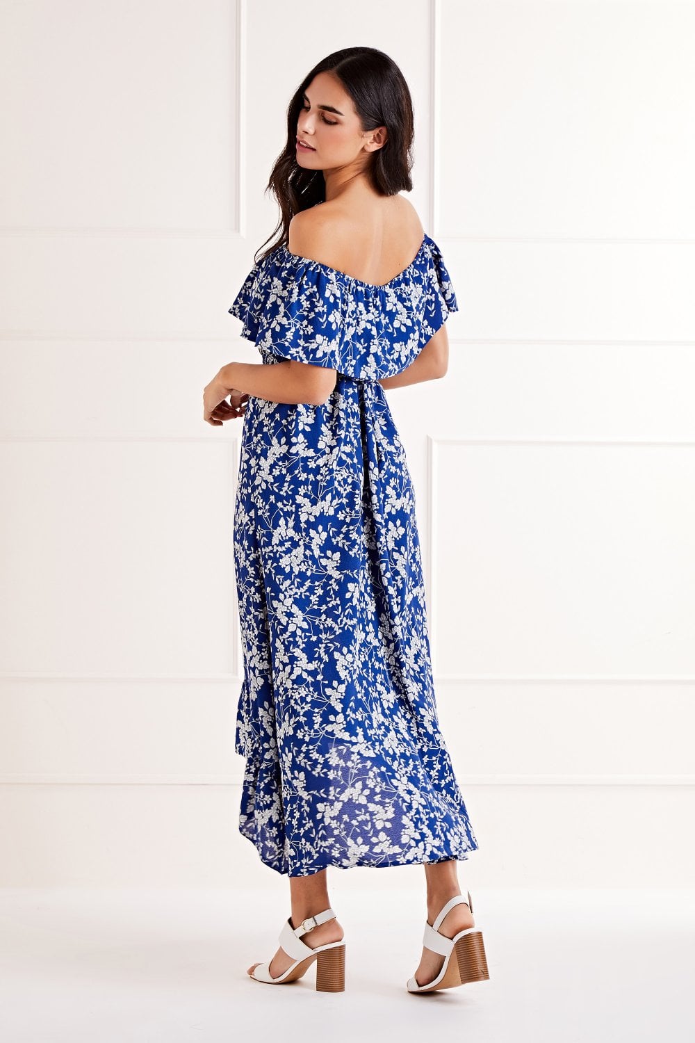 Mela Blue Ditsy Print Bardot Dipped Hem Dress Mela