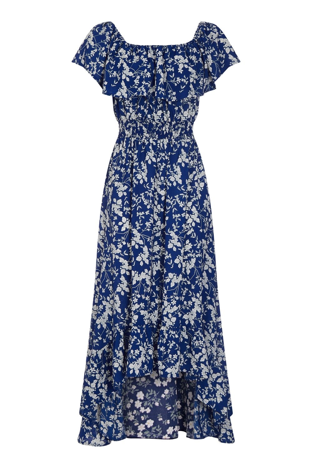 Mela Blue Ditsy Print Bardot Dipped Hem Dress Mela