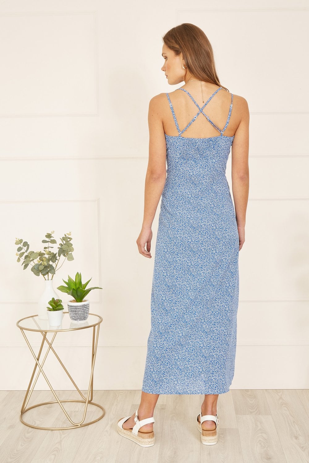 Mela Blue Ditsy Print Midi Dress With Side Split Mela