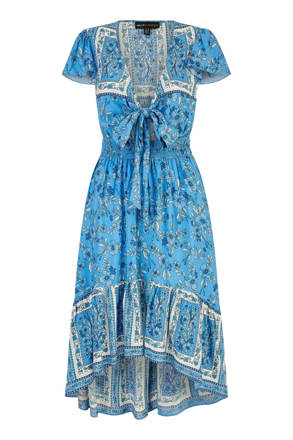 Mela Blue Ditsy Print Sun Dress With Cross Over Back Tie Front And Dip Hem Mela