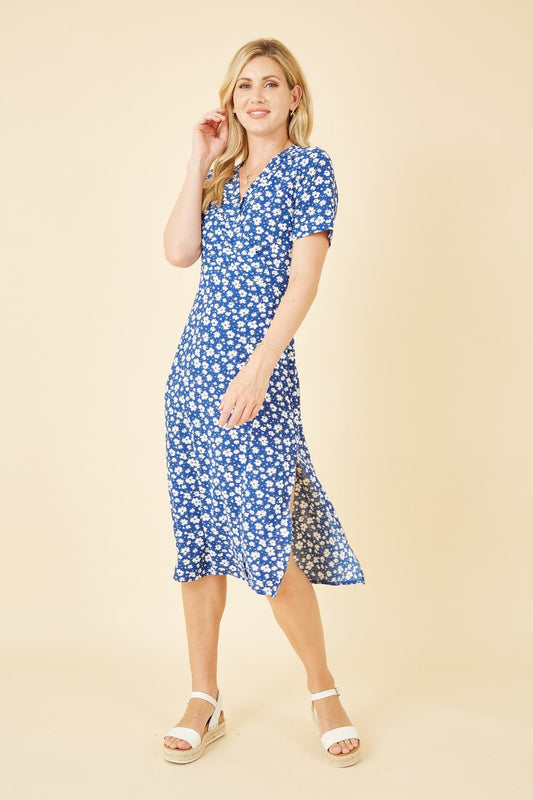 Mela Blue Ditsy Print Wrap Over Dress Mela