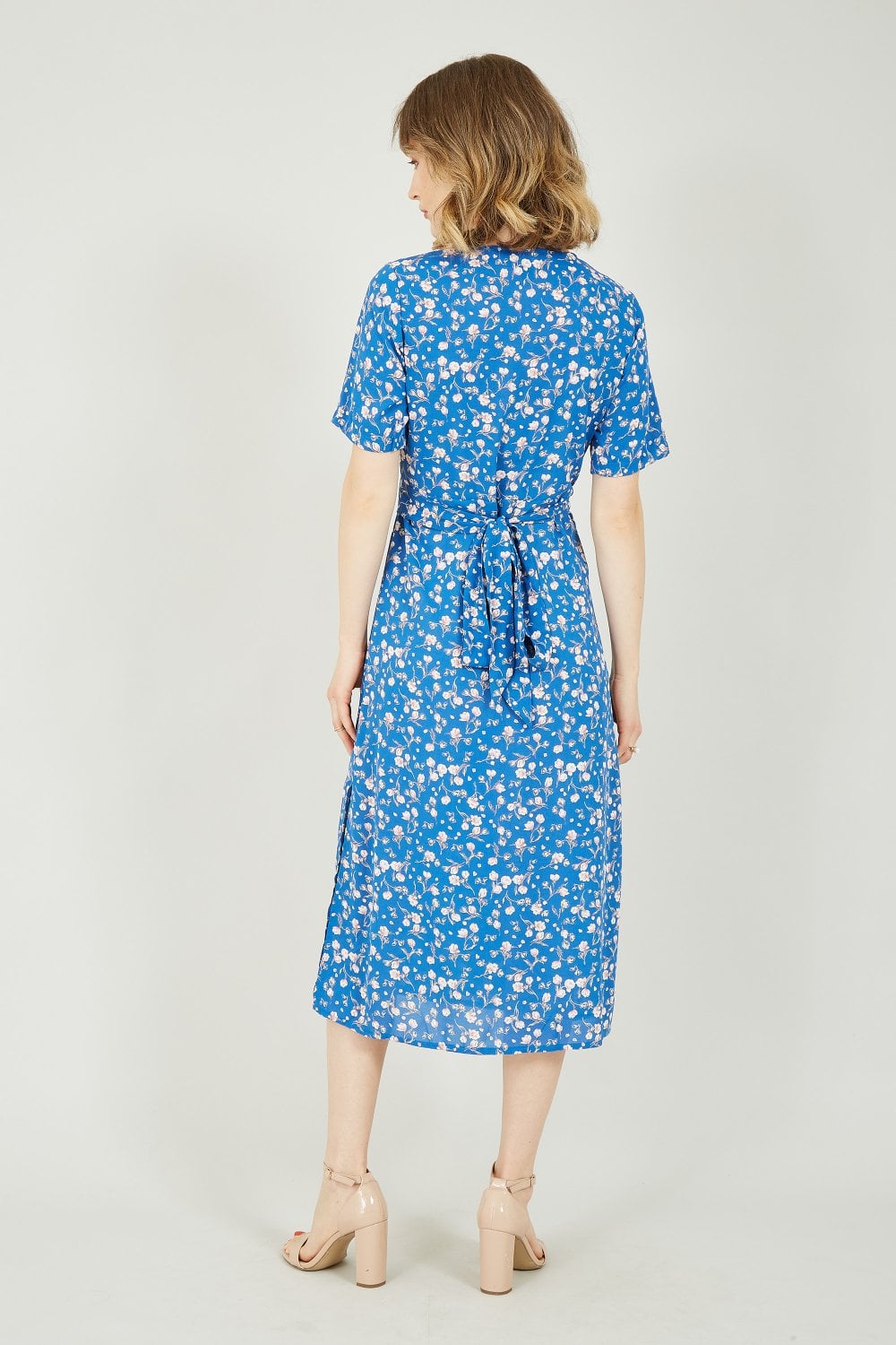 Mela Blue Ditsy Rose Print Wrap Midi Dress Yumi