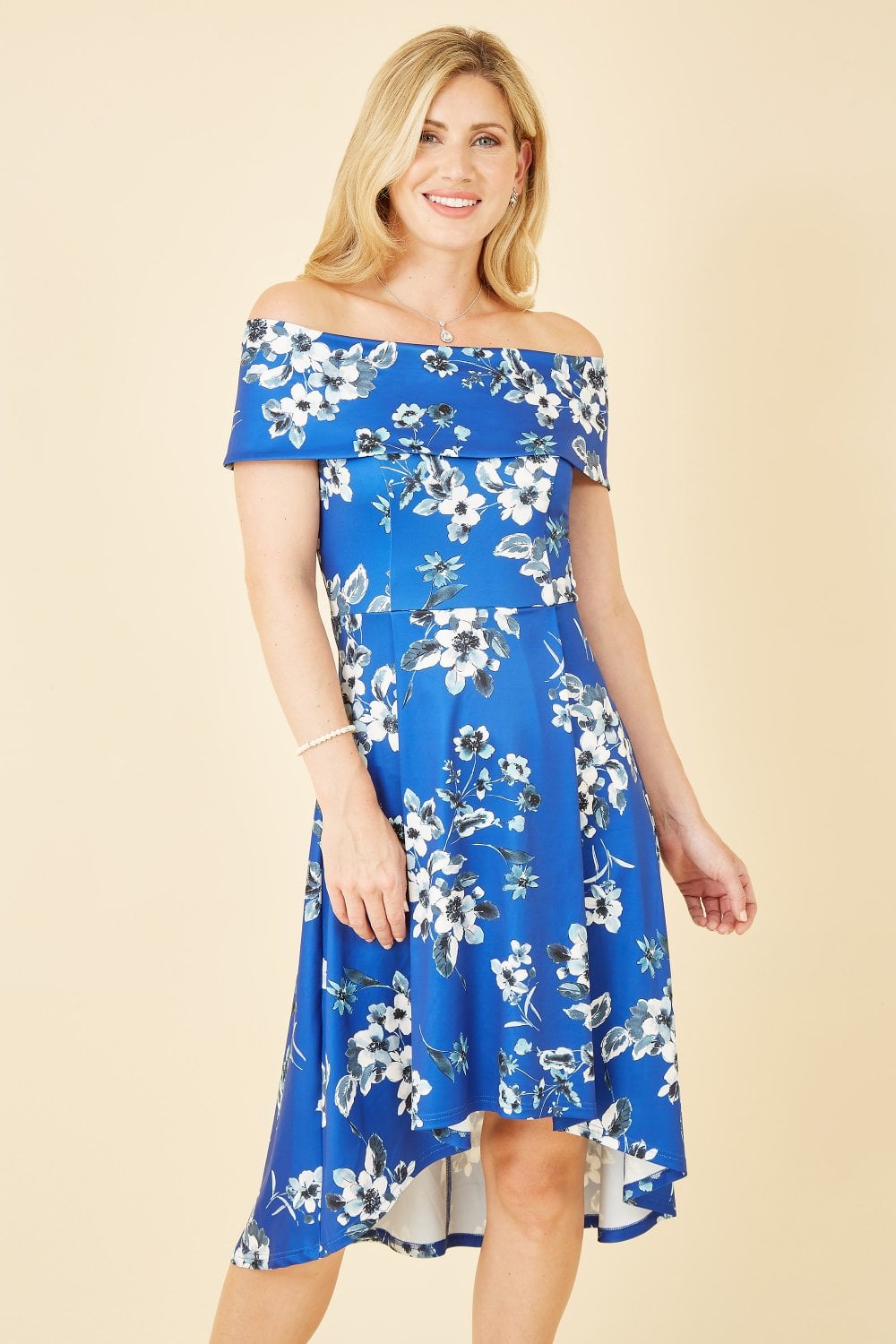 Mela Blue Floral Bardot Dipped Hem Dress Mela