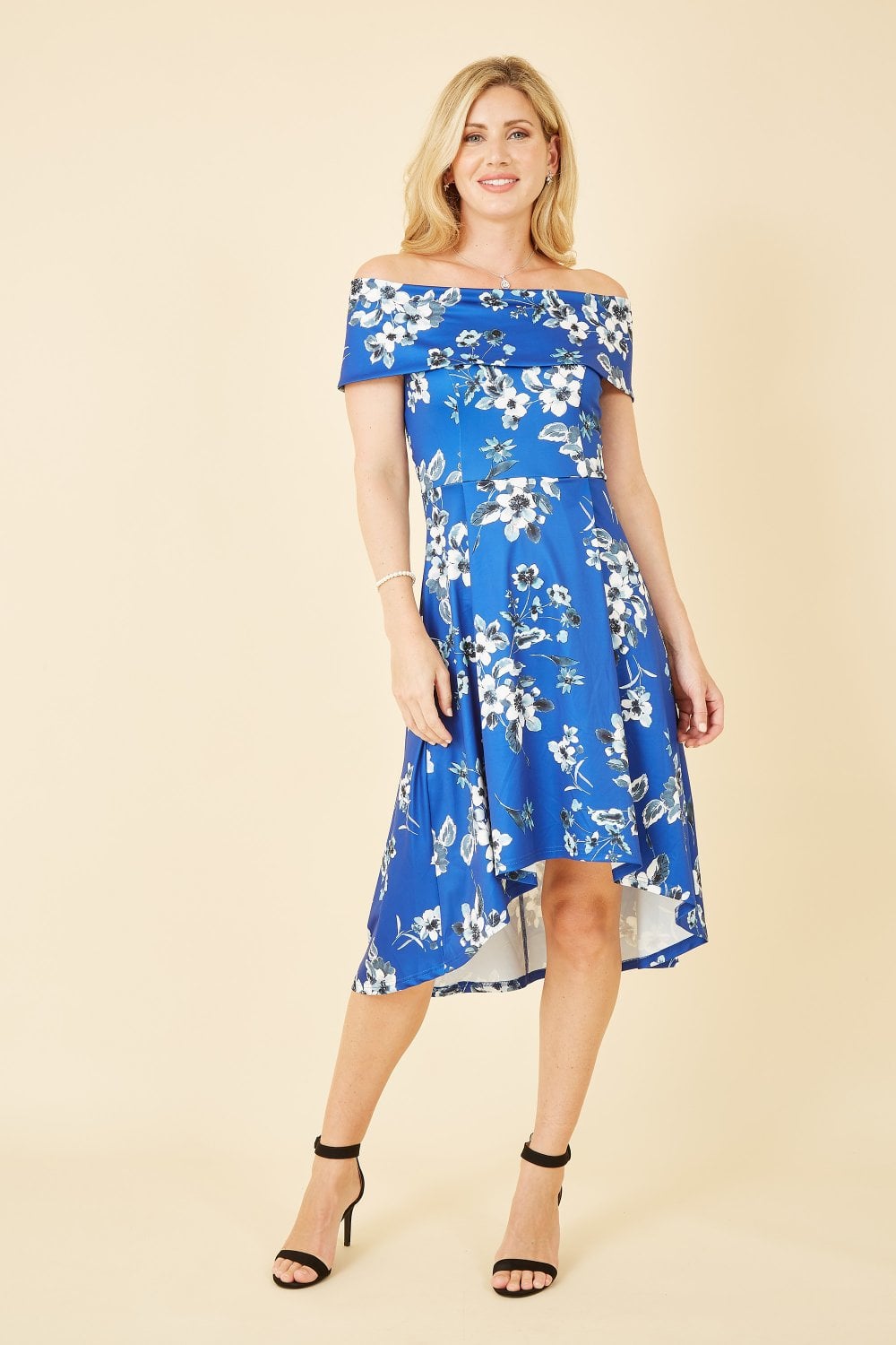 Mela Blue Floral Bardot Dipped Hem Dress Mela