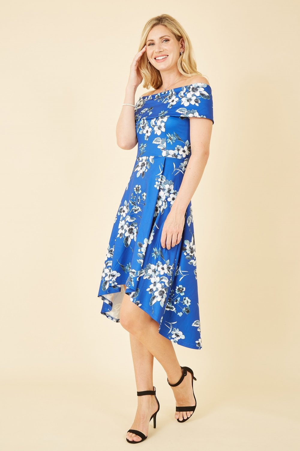 Mela Blue Floral Bardot Dipped Hem Dress Mela