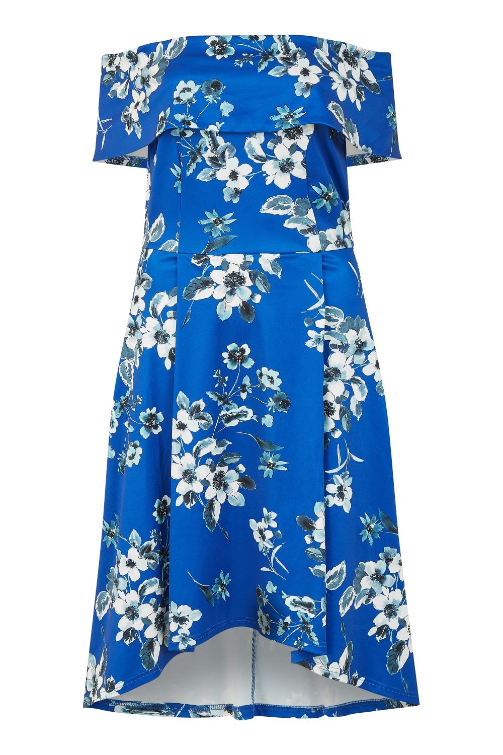 Mela Blue Floral Bardot Dipped Hem Dress Mela