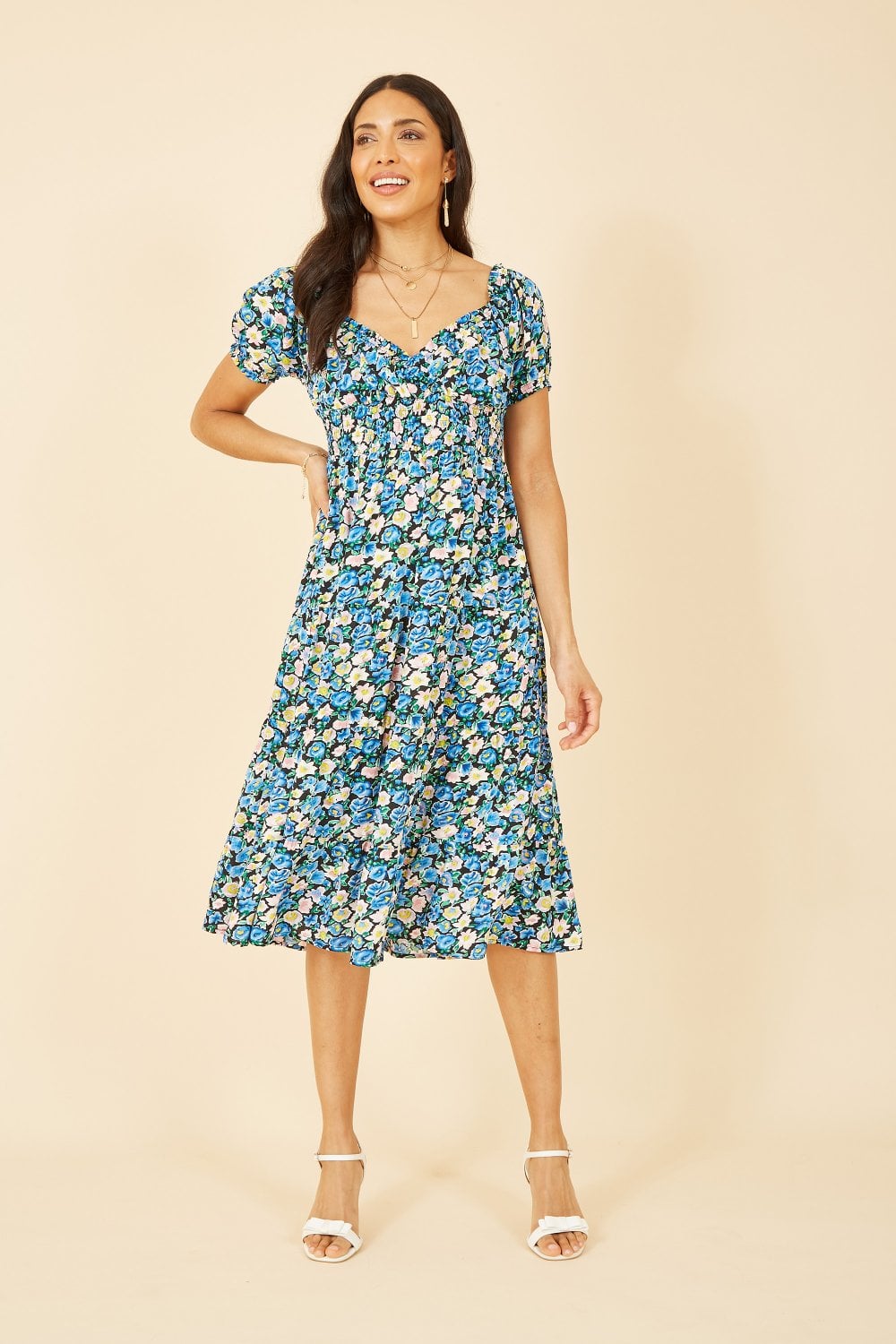 Mela Blue Floral Bardot Midi Dress Mela