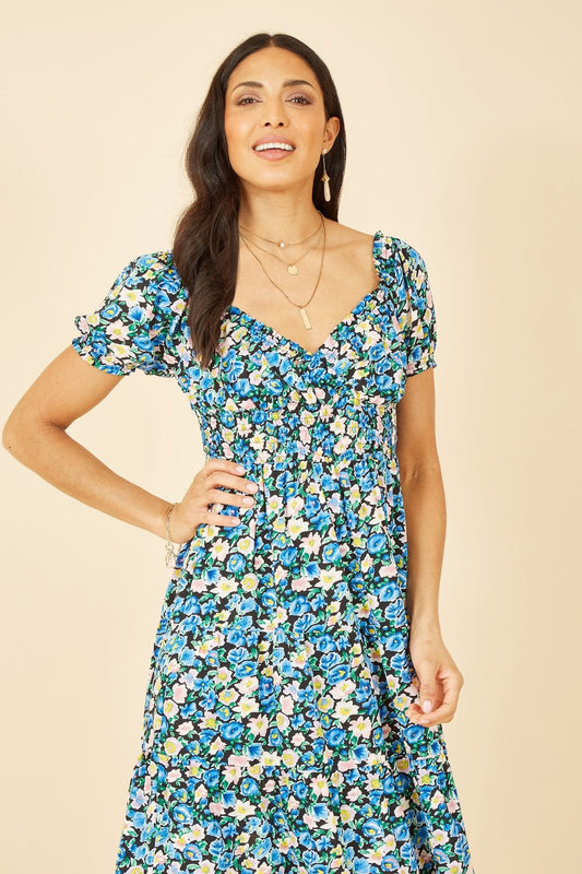 Mela Blue Floral Bardot Midi Dress Mela