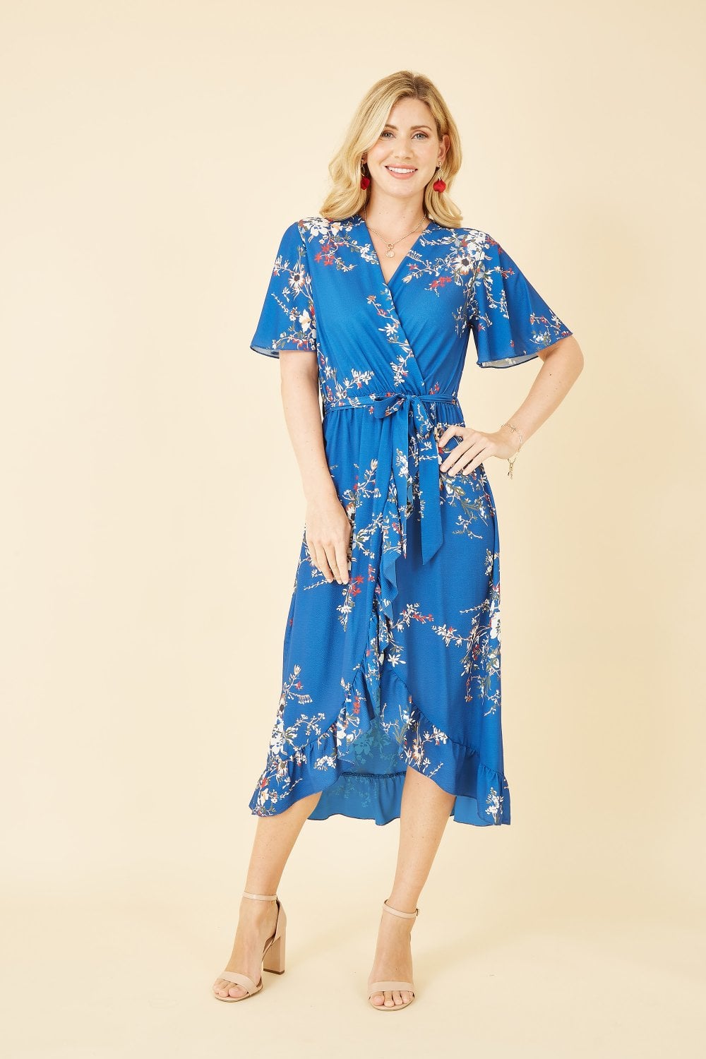 Mela Blue Floral Dip Hem Wrap Midi Dress Mela