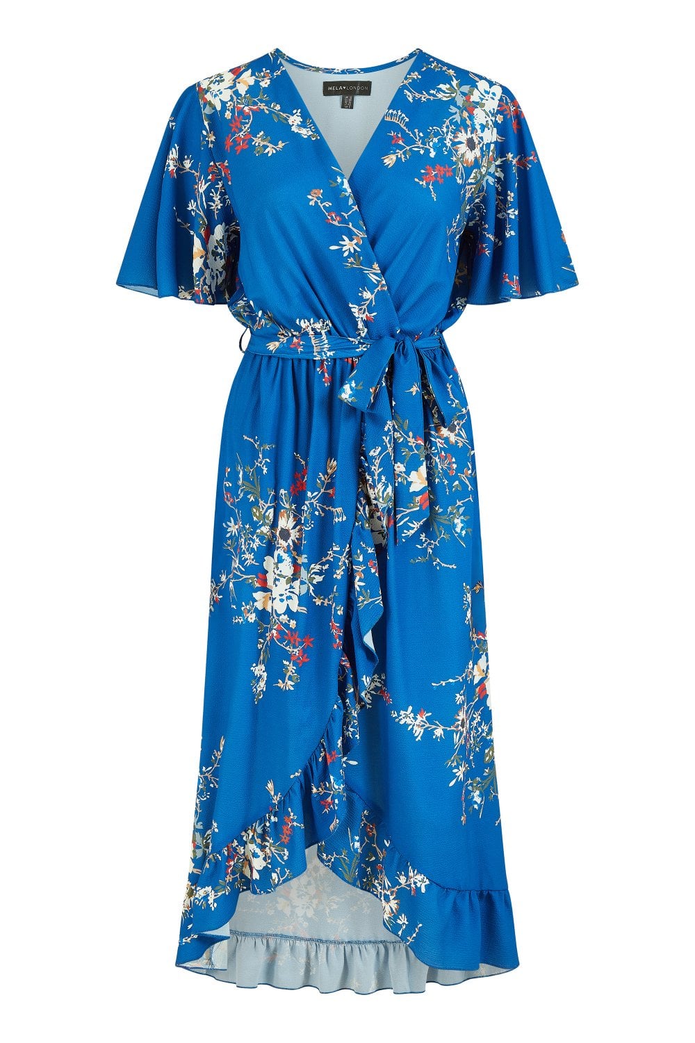 Mela Blue Floral Dip Hem Wrap Midi Dress Mela