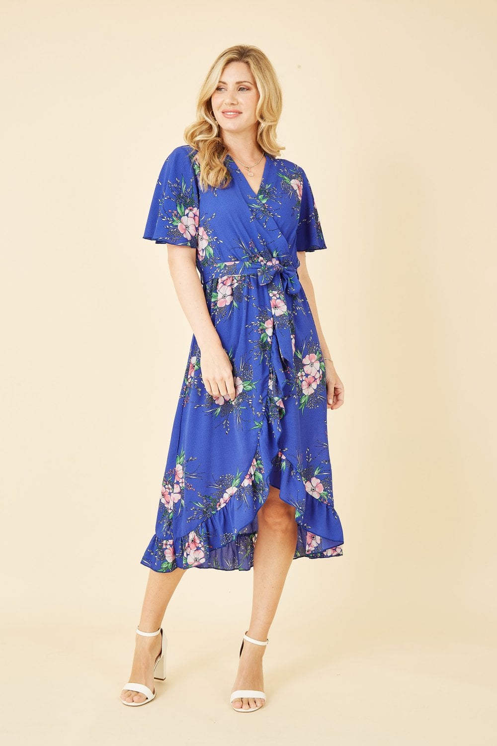 Mela Blue Floral Dip Hem Wrap Midi Dress Mela