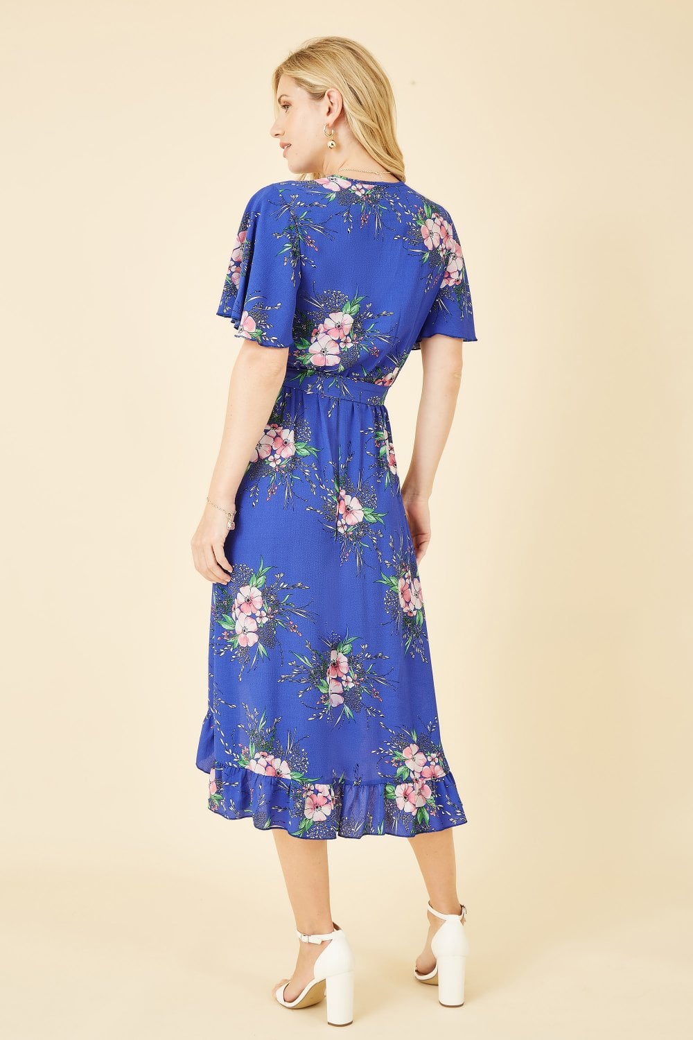 Mela Blue Floral Dip Hem Wrap Midi Dress Mela