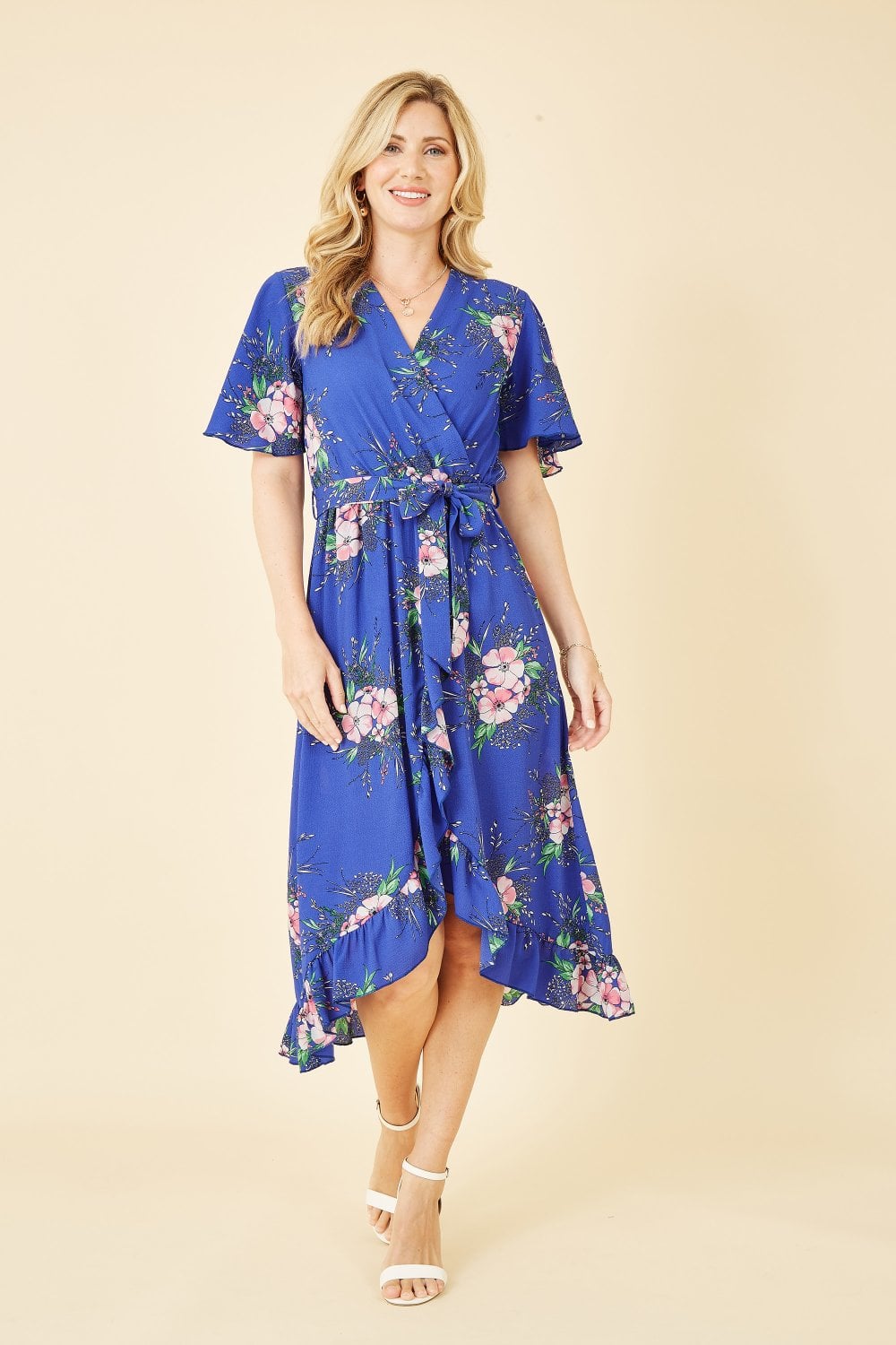 Mela Blue Floral Dip Hem Wrap Midi Dress Mela