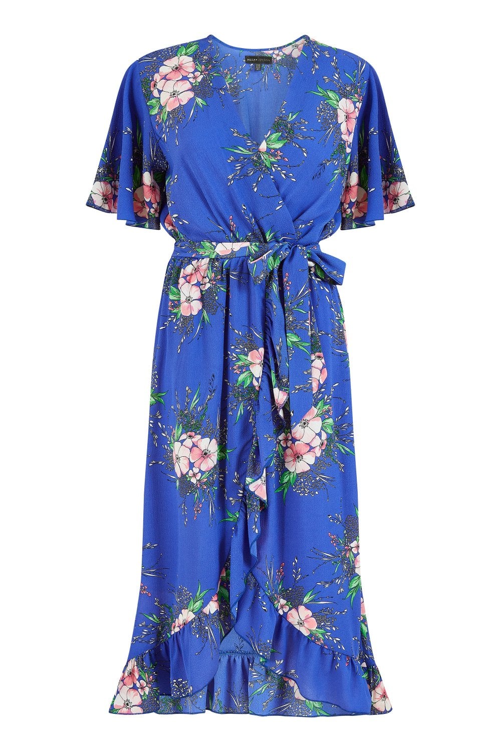 Mela Blue Floral Dip Hem Wrap Midi Dress Mela