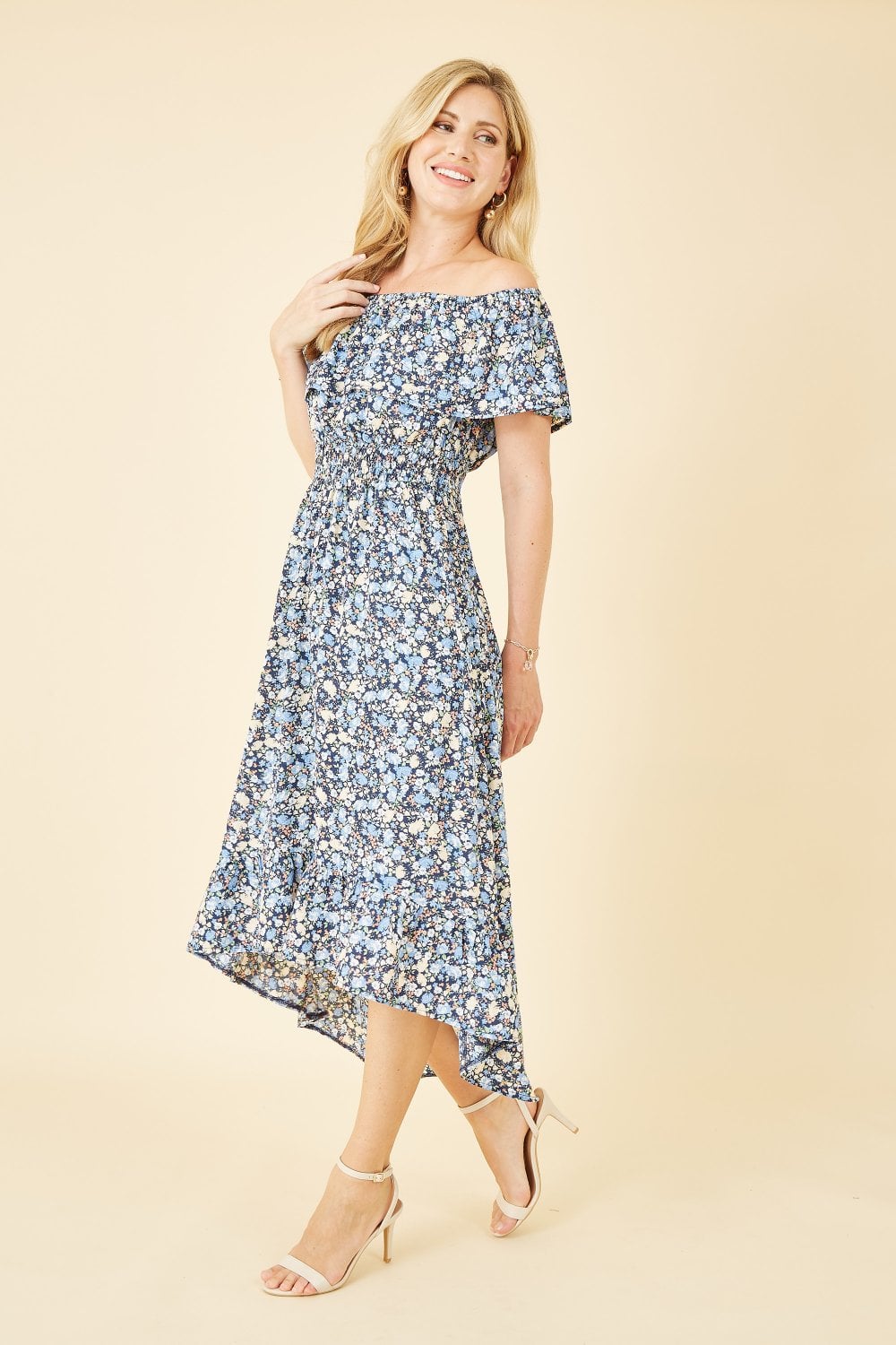 Mela Blue Floral Ditsy Bardot Midi Dress Mela