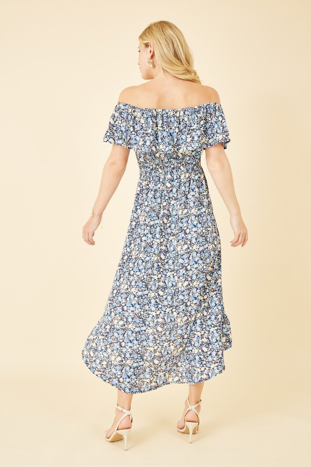 Mela Blue Floral Ditsy Bardot Midi Dress Mela