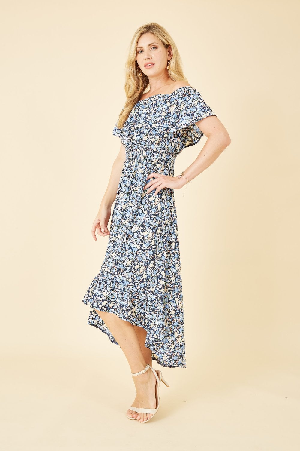 Mela Blue Floral Ditsy Bardot Midi Dress Mela