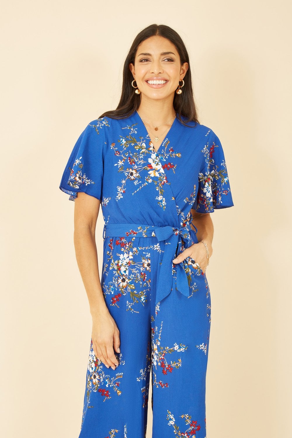 Mela Blue Floral Print Jumpsuit With Angel Sleeves Yumi